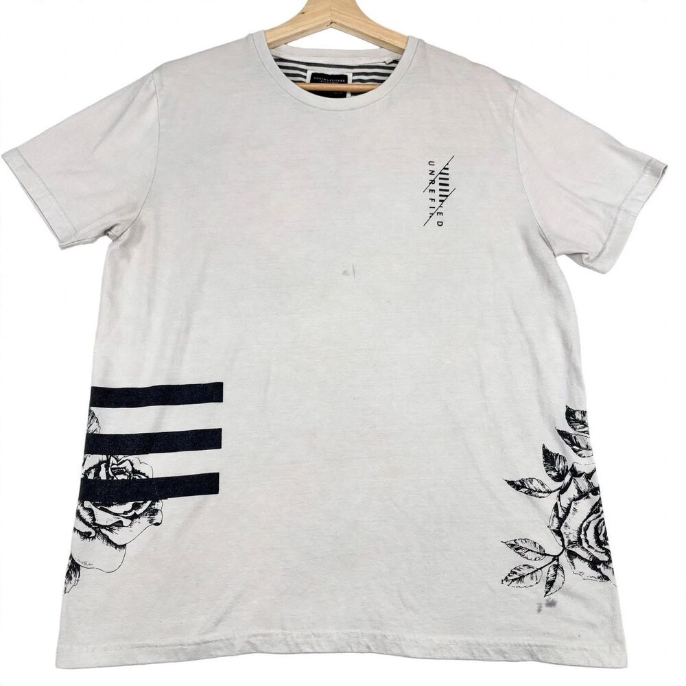 Denim & Flower T-Shirt M Beige Black Rose Unrefined Graphic